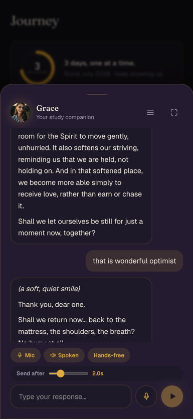 A live conversation with Grace, the AI study companion, responding gently in a chat