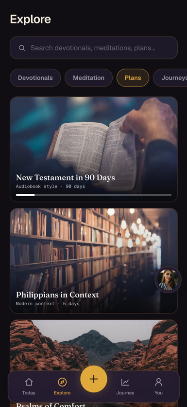 The Explore screen with filter chips for Devotionals, Meditation, Plans and Journeys