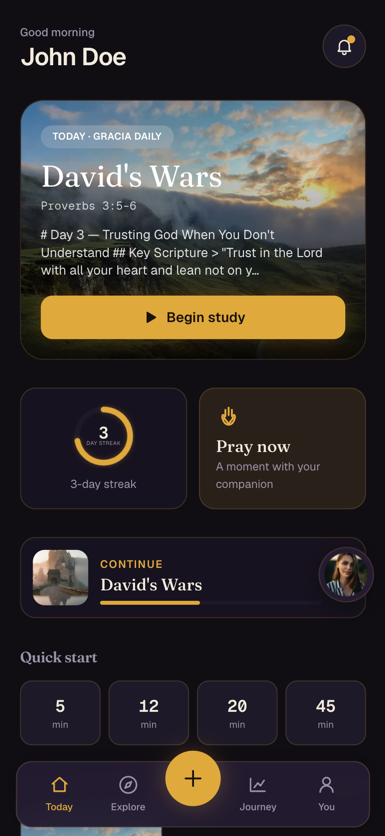 The Gracia app home screen showing today's devotional, a reading streak and quick-start durations