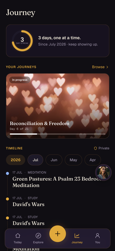 The Journey screen with a reading streak, an in-progress journey, and a private timeline of past studies and meditations