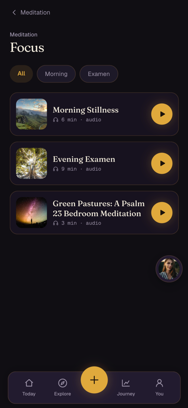 A meditation category list: Morning Stillness, Evening Examen, Green Pastures