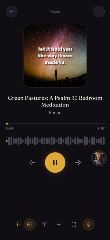 A meditation player for a Psalm 23 bedtime meditation with waveform and captions