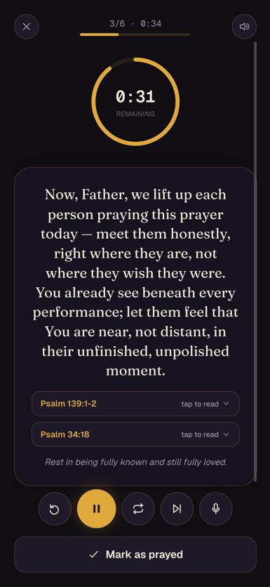 A guided prayer praying aloud with supporting scripture references