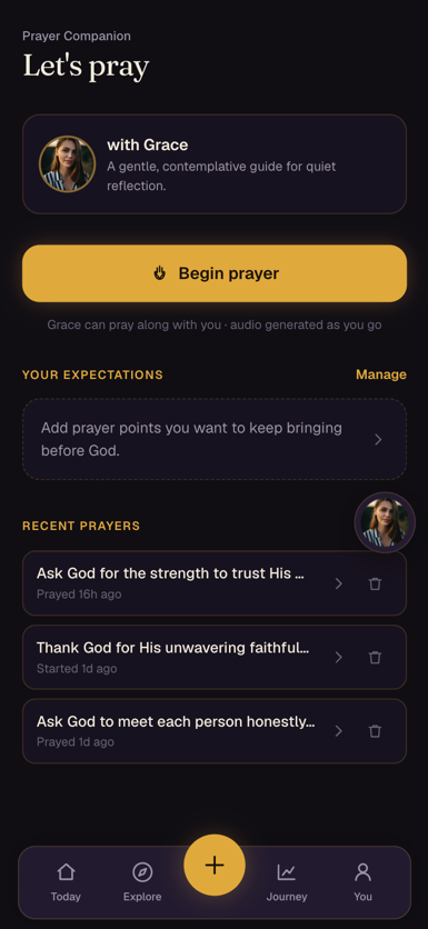 The Prayer Companion home, ready to begin a prayer with Grace