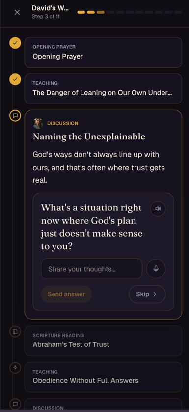 A discussion checkpoint mid-study asking a reflective question with a voice or text answer