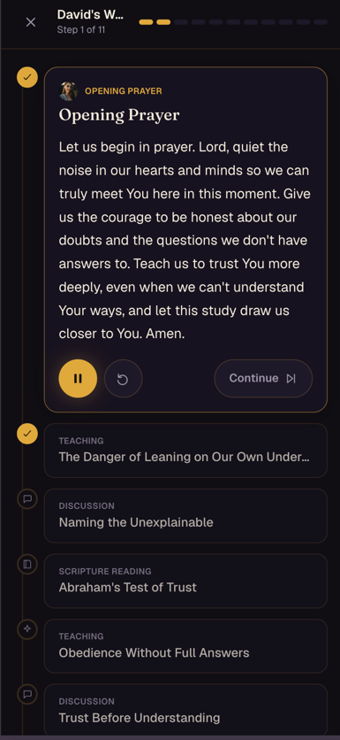 A guided study session opening in prayer, with a timeline of segments: teaching, discussion, scripture reading and closing prayer